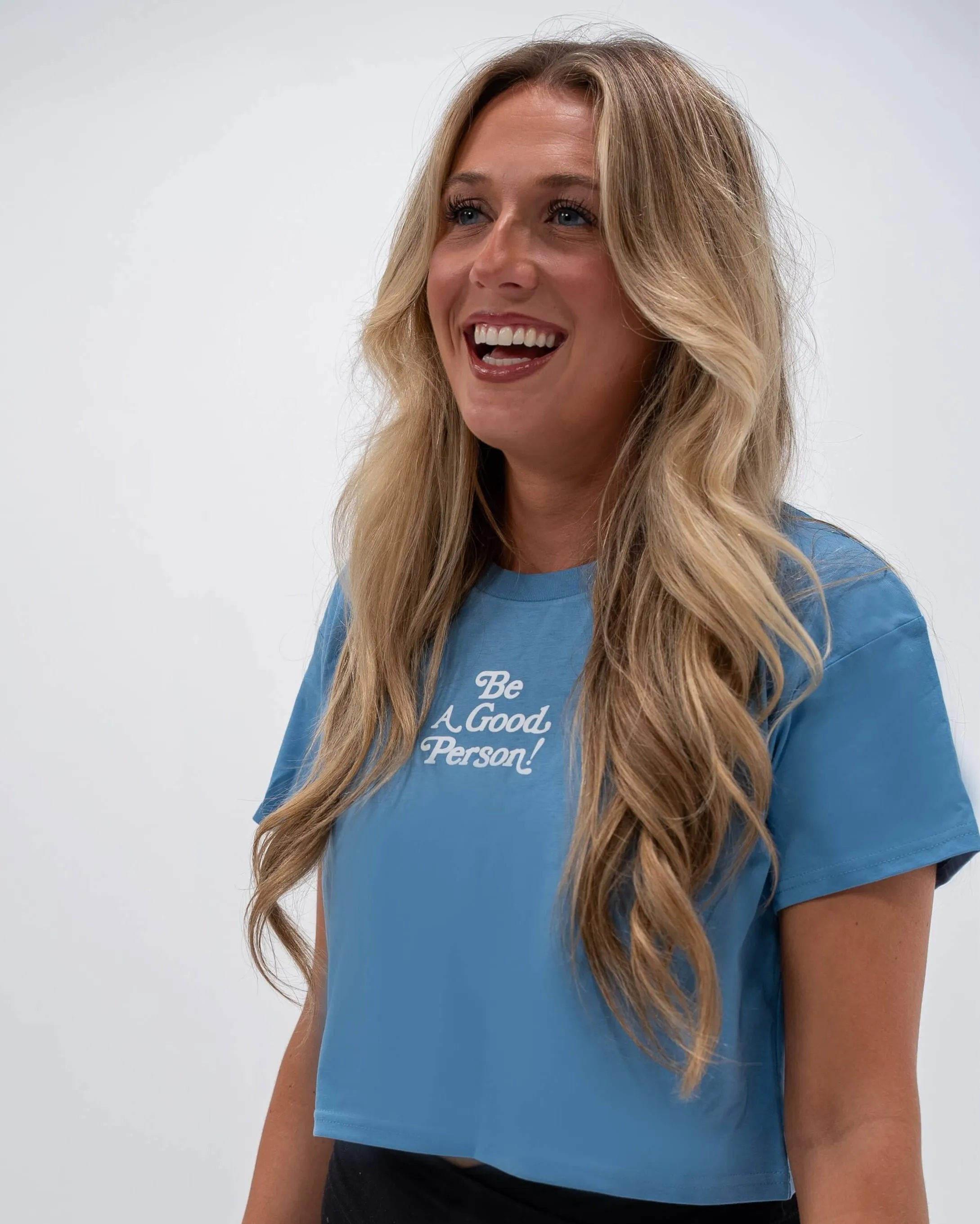 Exclamation Crop Top - Carolina Blue Moisture Management Technology