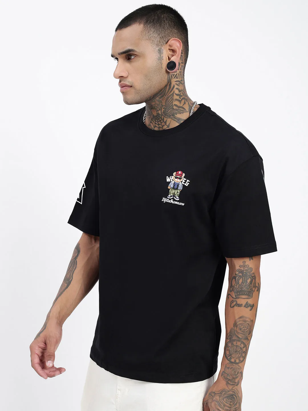 Simple Comfort Men's Graphic Printed Black Relaxed Fit Cotton T-Shirt