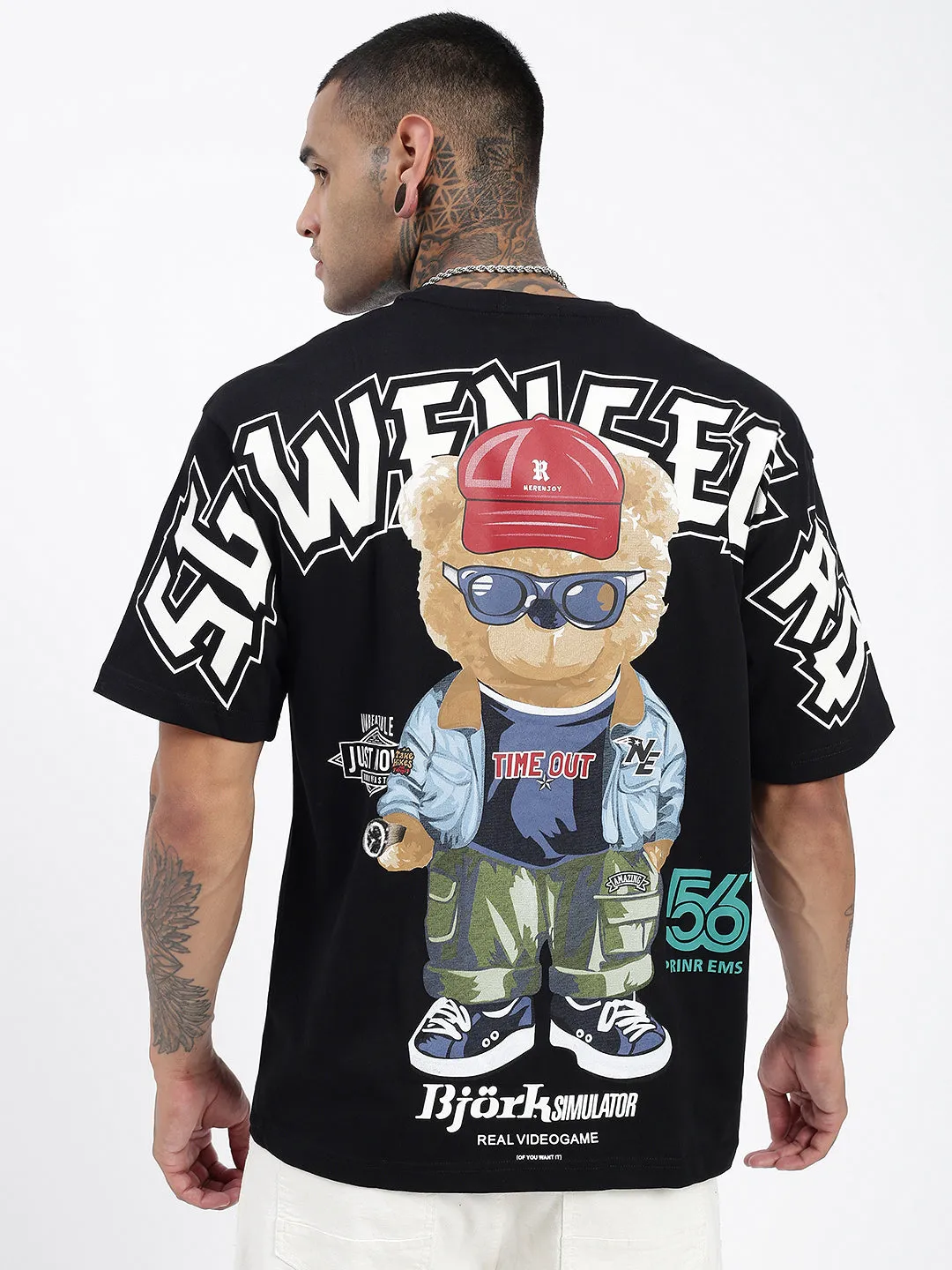 Men's Graphic Printed Black Relaxed Fit Cotton T-Shirt UV Protective Fabric Casual All-Day