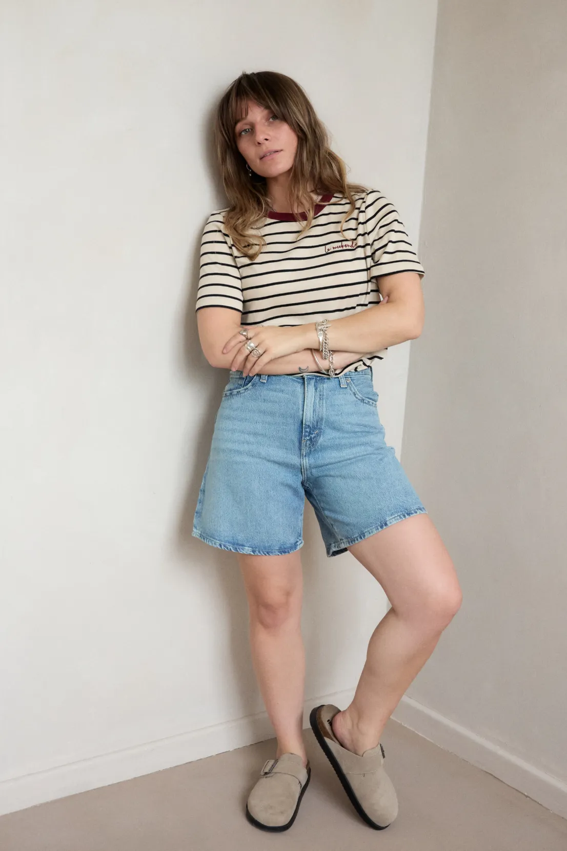 Active Style Trend Stylish Casual O&F Le Weekend Embroidered Short Sleeve Breton Tee