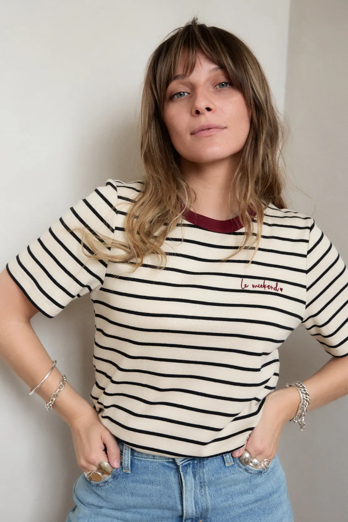 O&F Le Weekend Embroidered Short Sleeve Breton Tee Trendy popularity