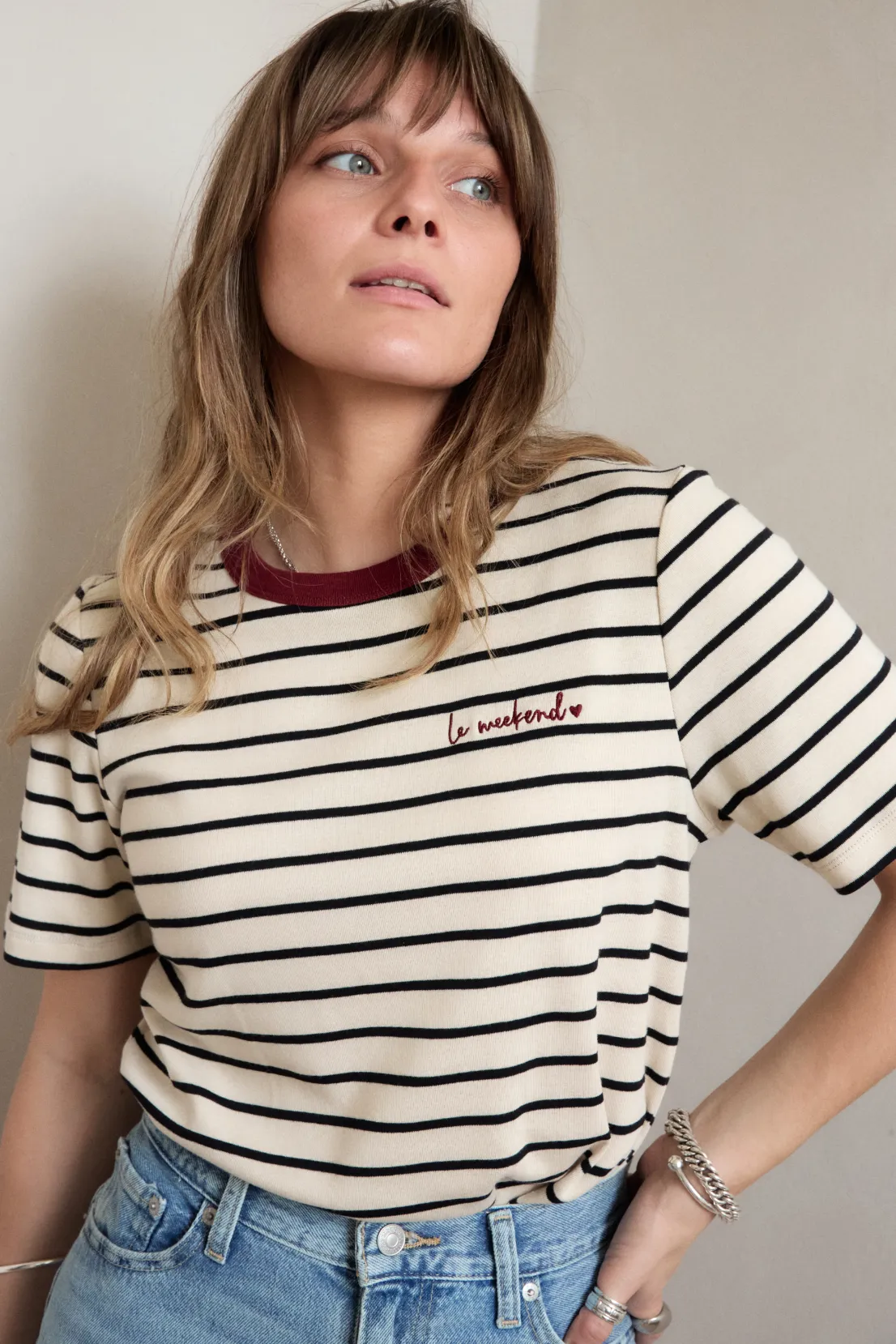 O&F Le Weekend Embroidered Short Sleeve Breton Tee Casual Comfort