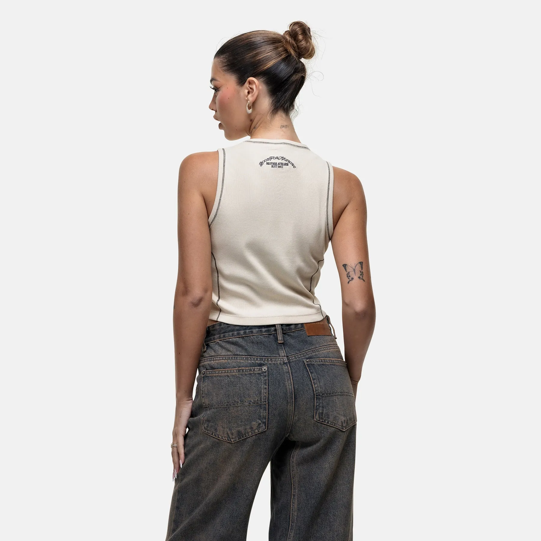 Overlock Vintage White Vest Top Chic Comfort School Uniform