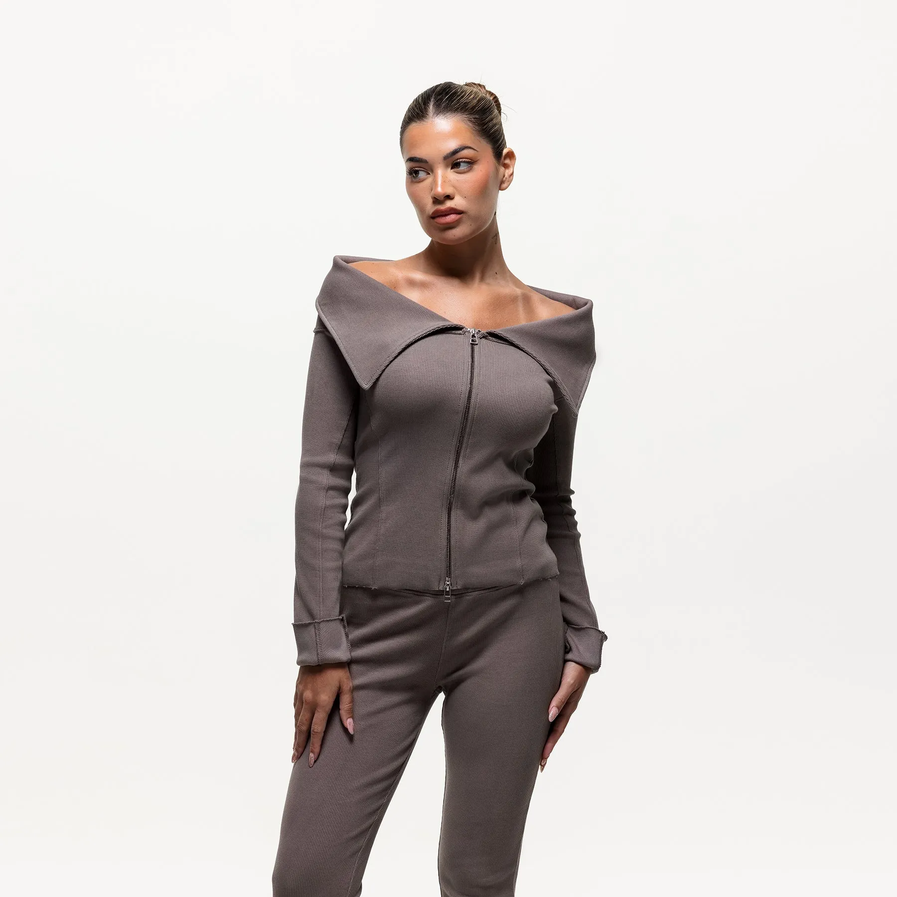 Ridge Taupe Off The Shoulder Long Sleeve (Final Sale) Chill Mode Fit casual outing