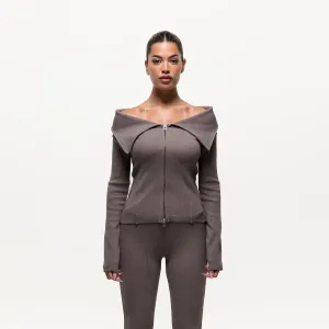Casual Performance Fit Thermoregulating Fabric Ridge Taupe Off The Shoulder Long Sleeve (Final Sale)
