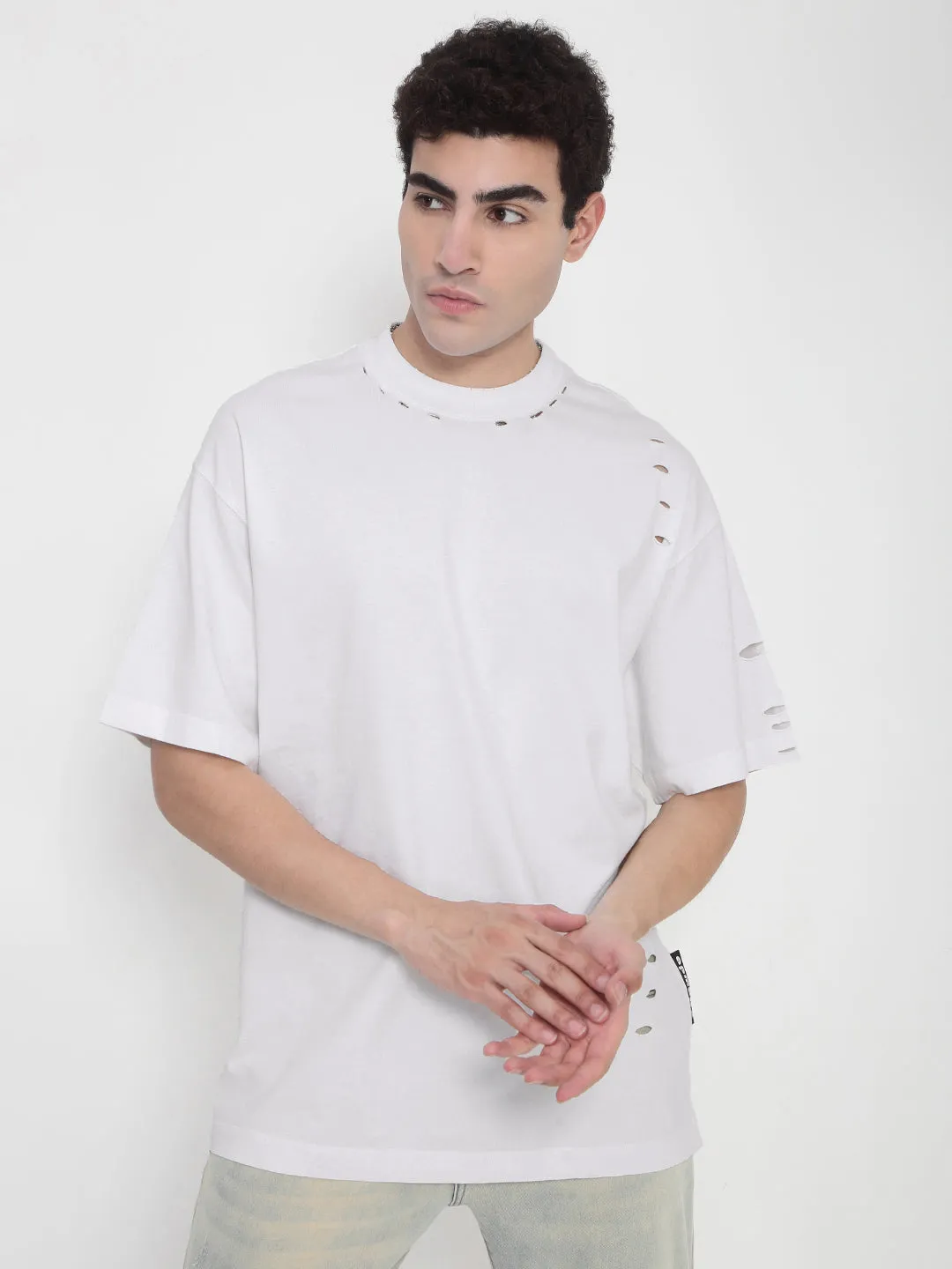 Men's White Distressed Oversized T-Shirt Sleek Fit