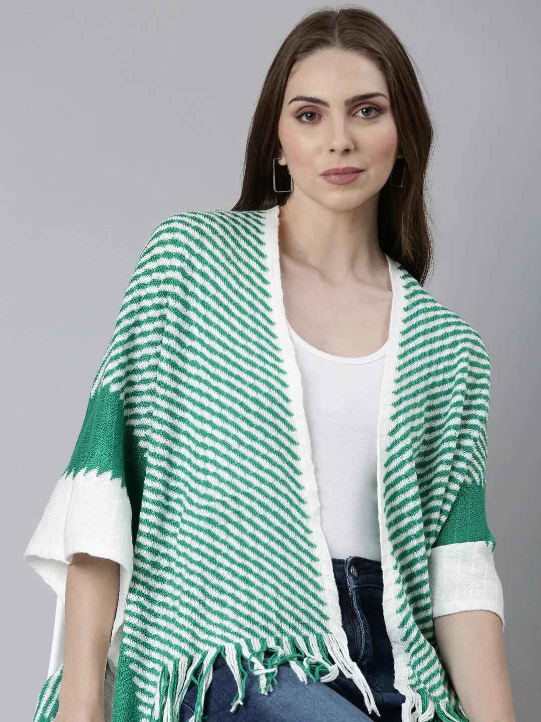 Minimal Warmth No Effort Women's Green Striped V-Neck Front-Open Fringed Detail Poncho