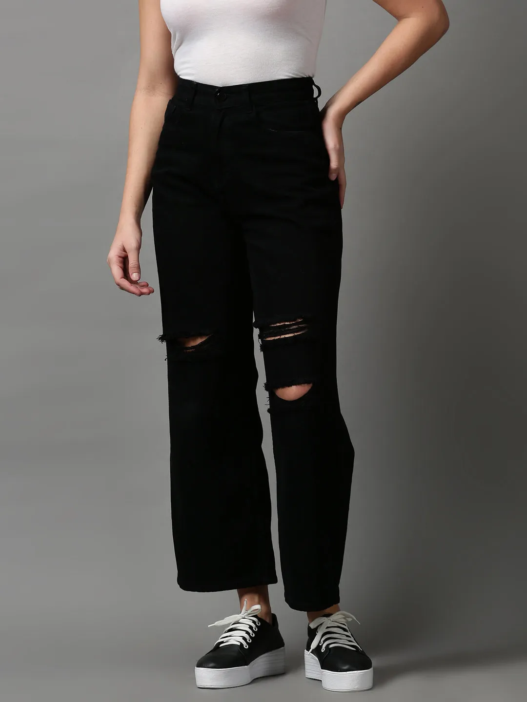 Women's Black Wide Leg Slash Knee Jeans Urban Explorer Trend Setter