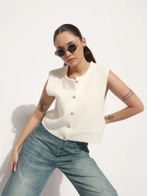 Women's Ribbed Off White Round Neck Sleeveless Knitted Top Casual Draping