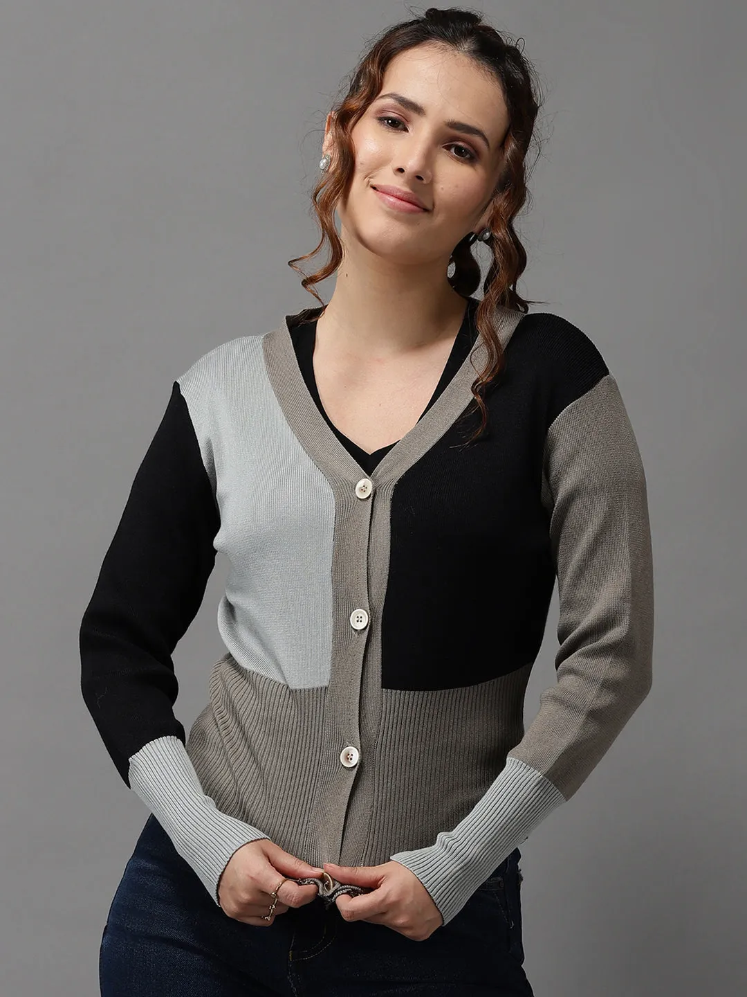 Women's Grey Colourblock Front-Open Sweater Thermo Regulating Fibers