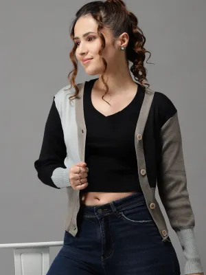 Relaxed Style Essential Layer Women's Grey Colourblock Front-Open Sweater