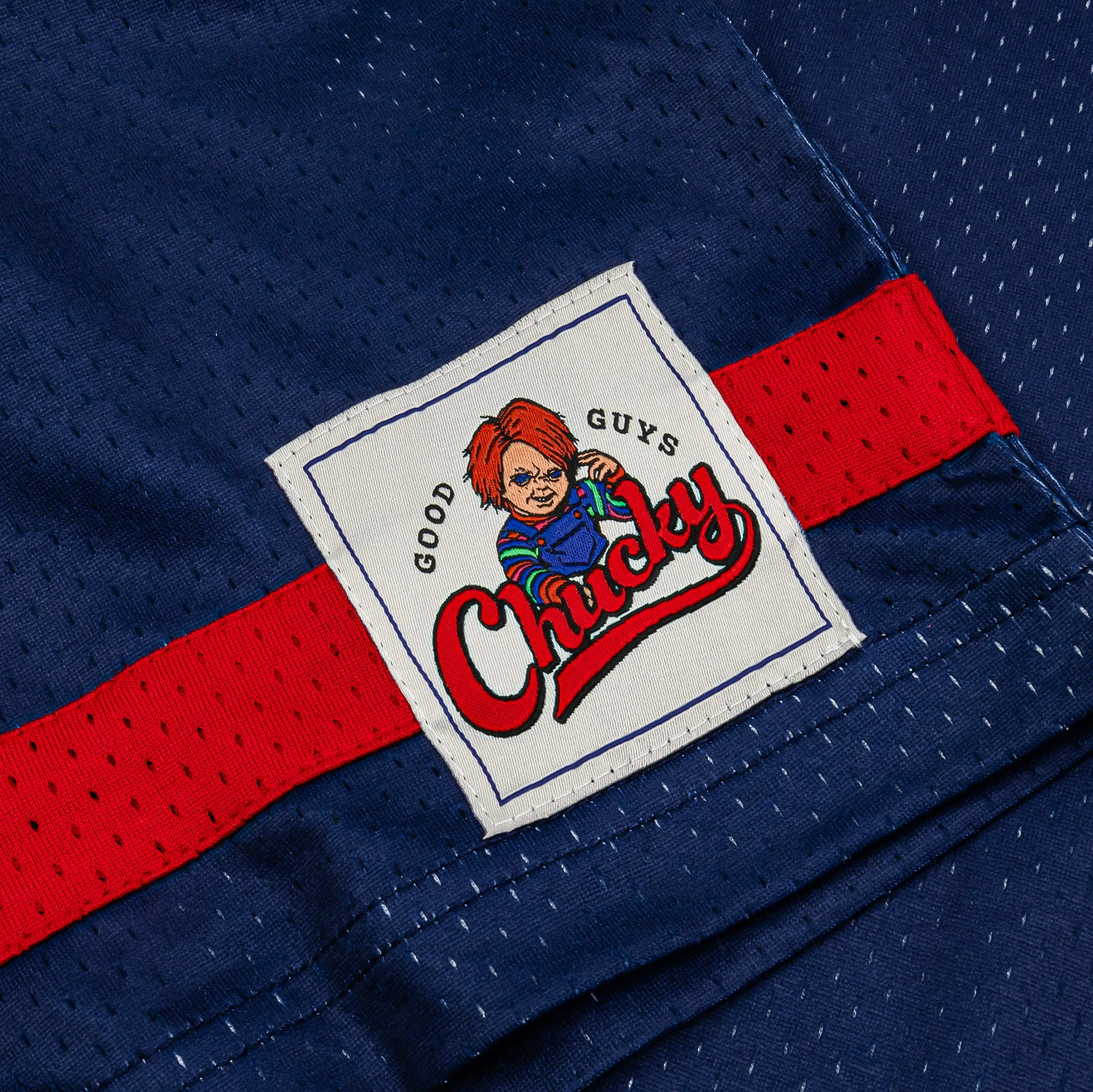 Double Layered Collar Modular Panel Layouts SP x Chucky Good Guy Mesh Mens Jersey (Blue/Red)
