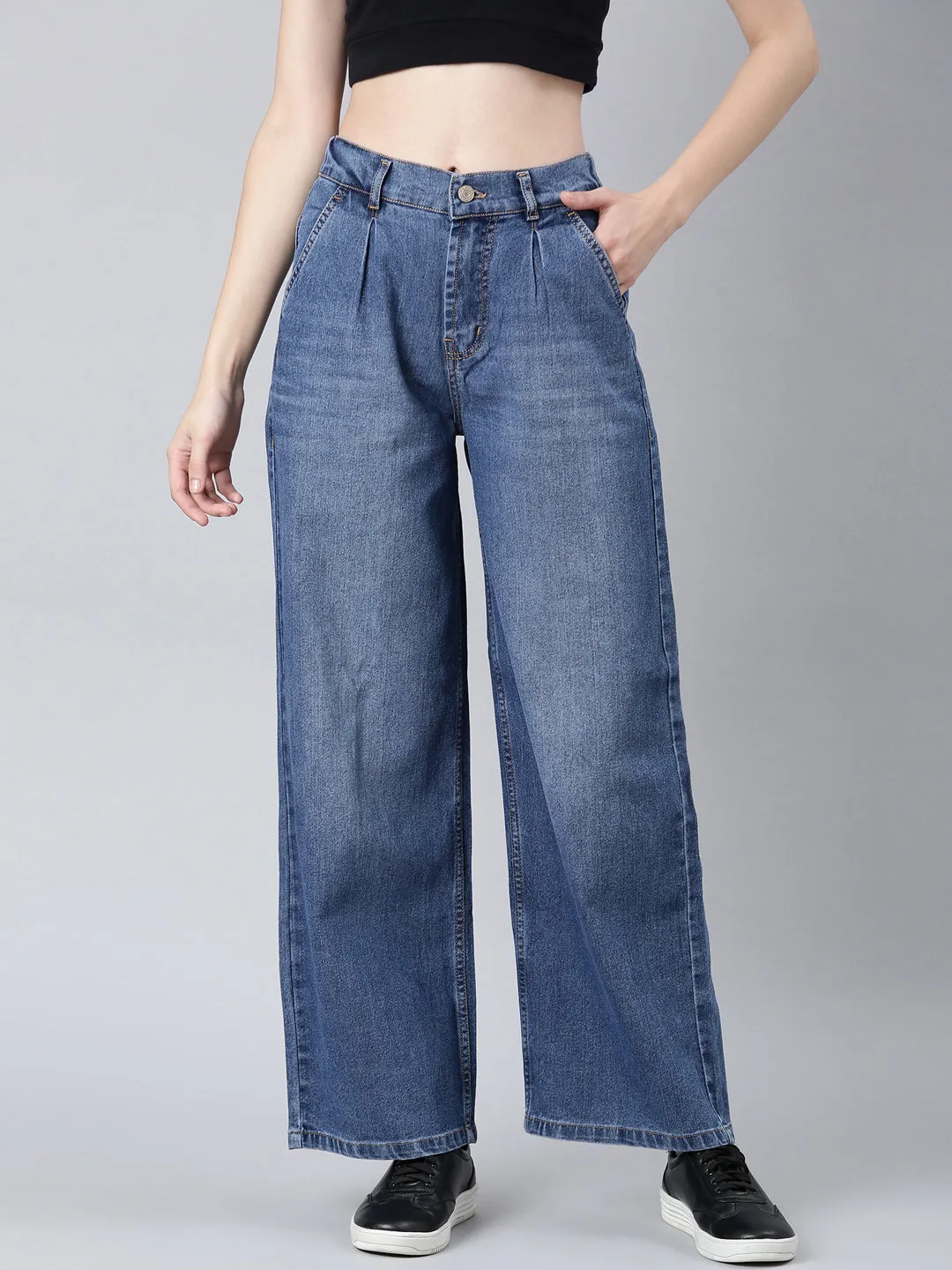 Outdoor Adventure Stylish Women's Blue Wide Leg Light Fade Stretchable Denim Jeans