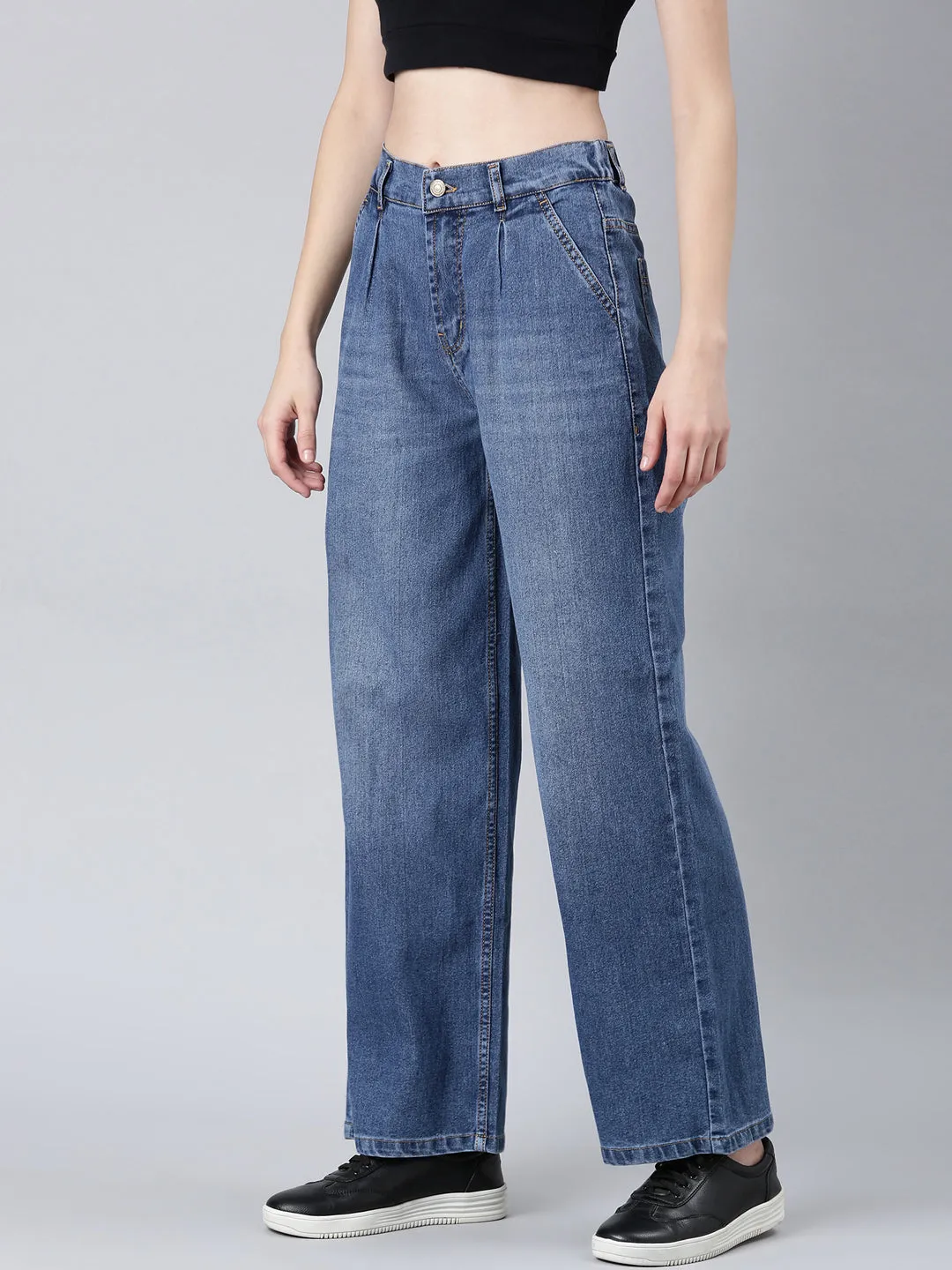Autumn Days Parent Style Party Look Earthy Women's Blue Wide Leg Light Fade Stretchable Denim Jeans