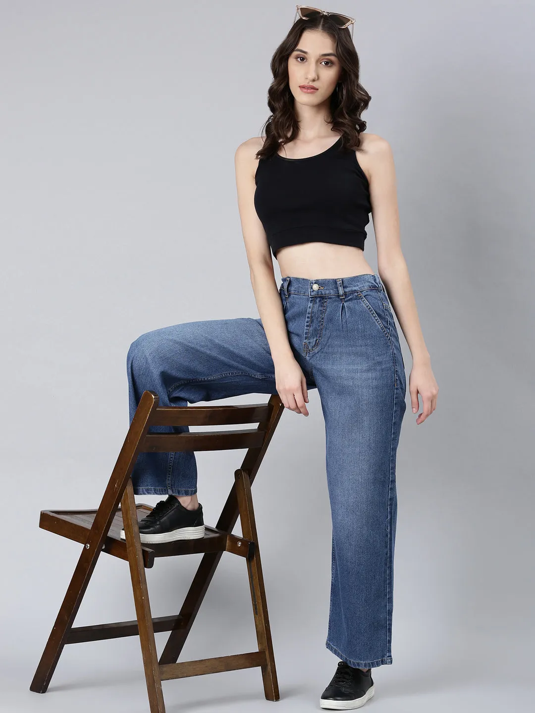 Women's Blue Wide Leg Light Fade Stretchable Denim Jeans Urban appeal Low Maintenance