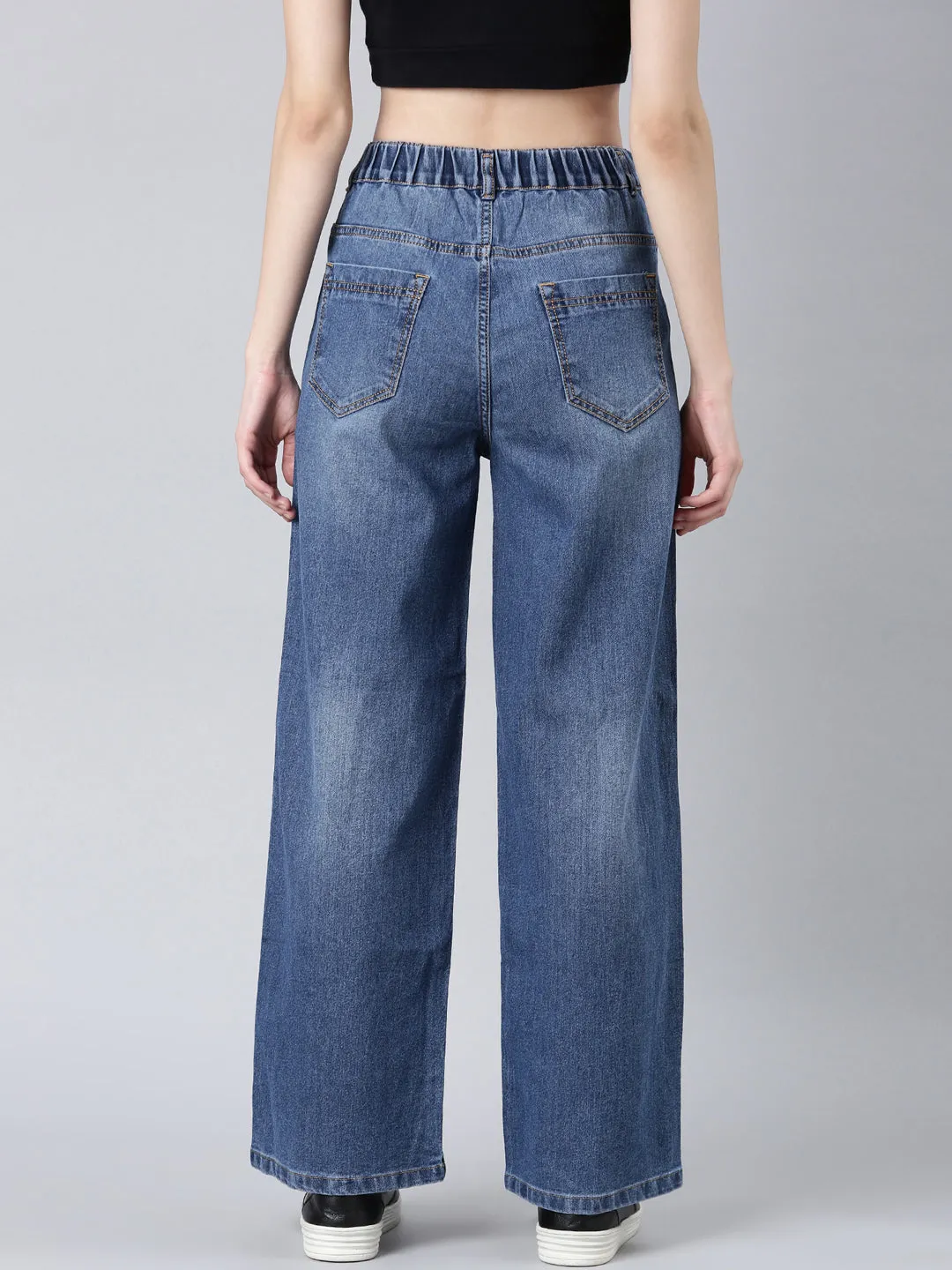 Women's Blue Wide Leg Light Fade Stretchable Denim Jeans Relaxed Fit Go To Outfit