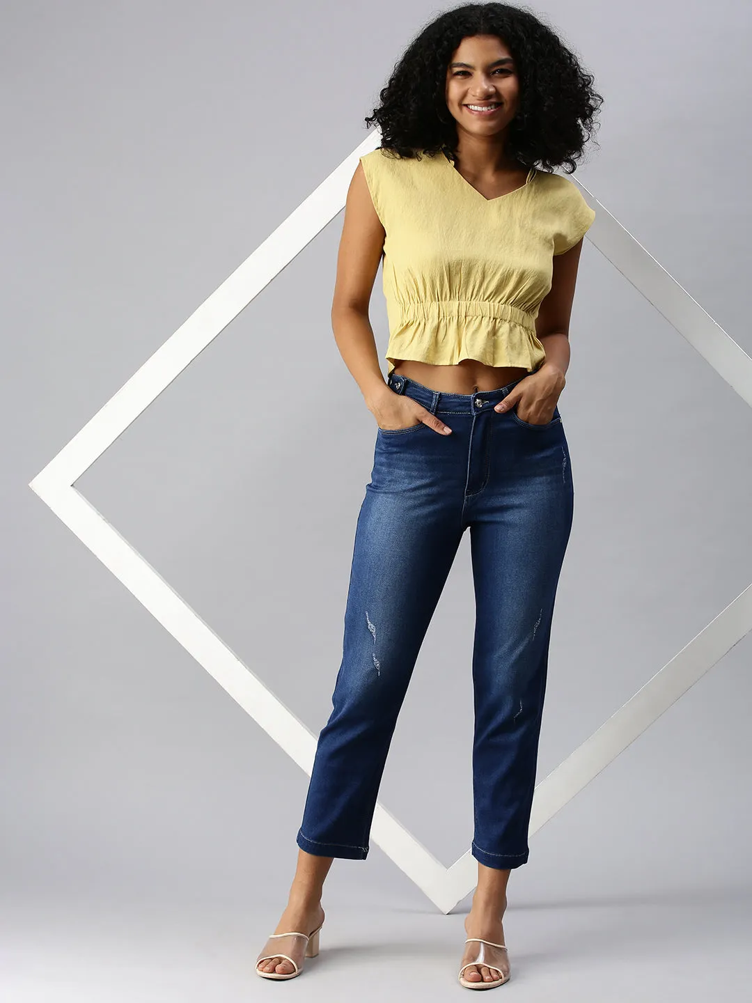 Women's Blue Straight Fit Low Distress Light Fade Jeans Weekend Style Subtle Palette