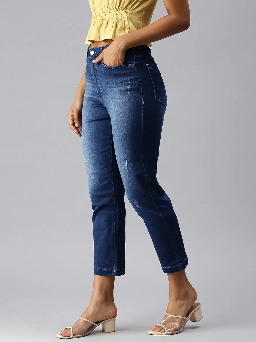 City Walk Smooth Women's Blue Straight Fit Low Distress Light Fade Jeans