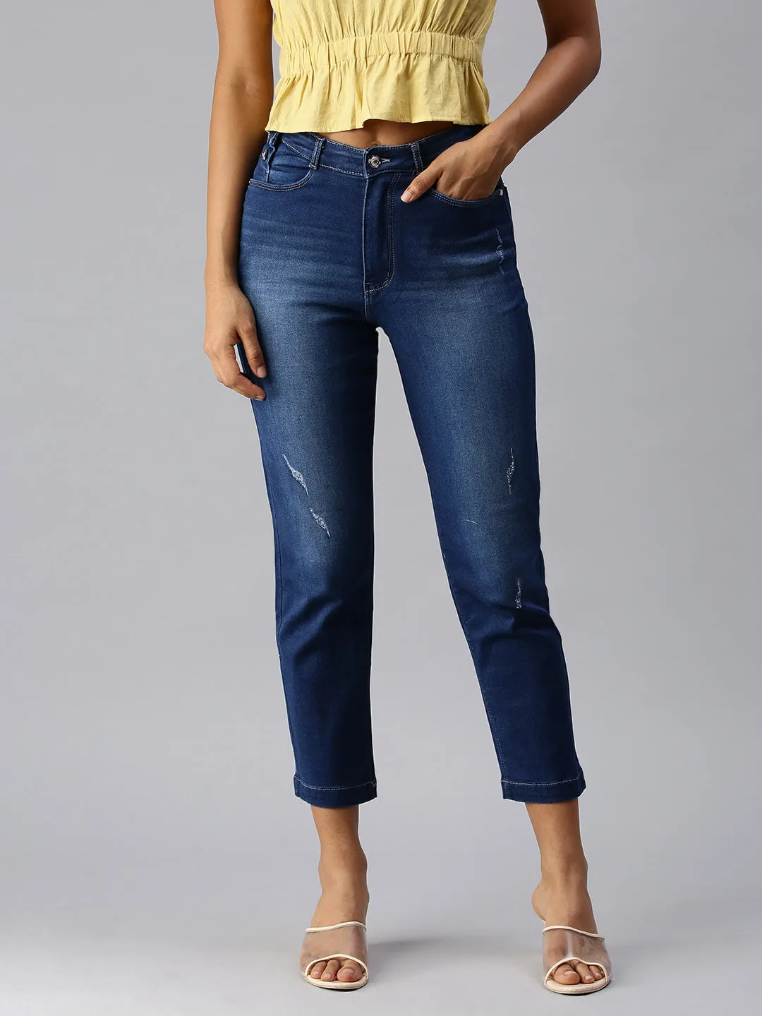 Women's Blue Straight Fit Low Distress Light Fade Jeans Customizable Fit Minimalist Night Out Smooth