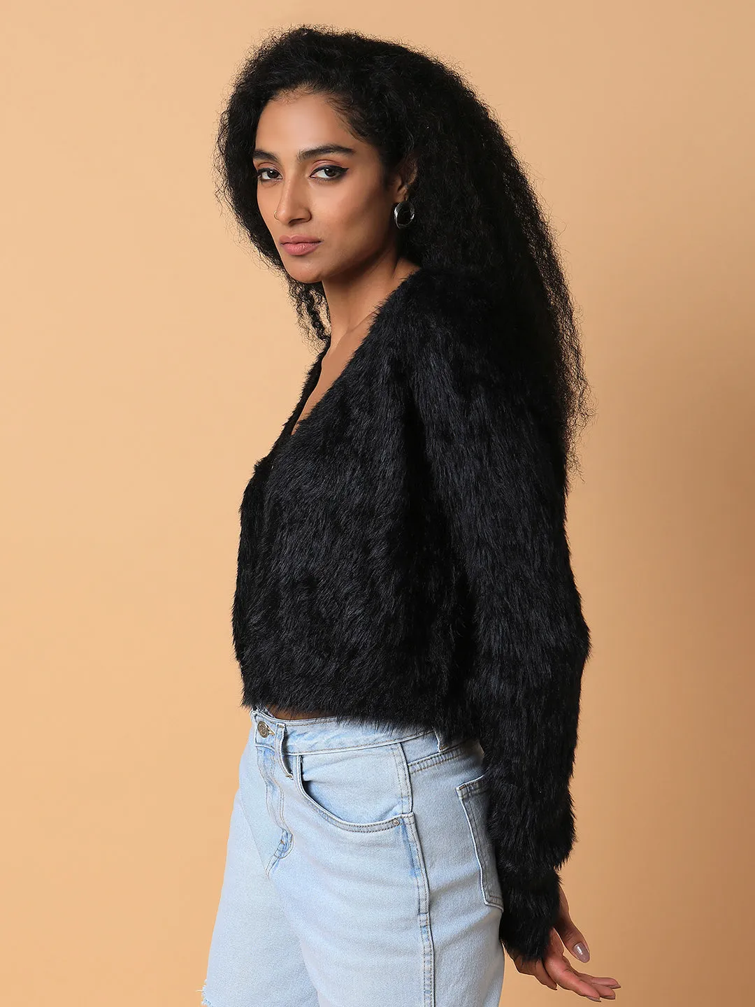 Women's Solid Black Oversized Cardigan Compression Fit