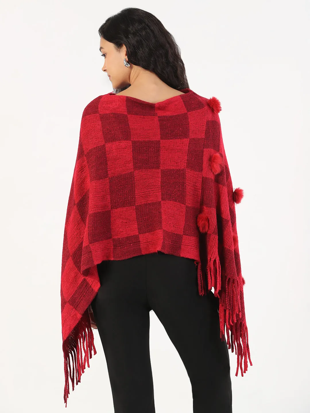 Women's Round Neck Checked Red Poncho Ribbed Hemline
