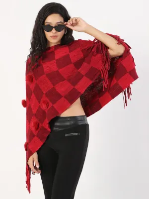 Tagless Design Women's Round Neck Checked Red Poncho