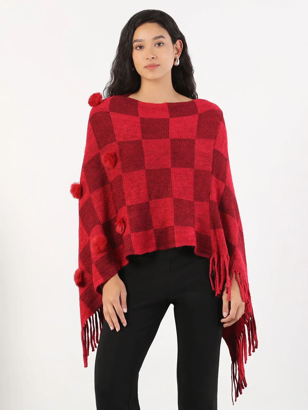 Cold Warmth Women's Round Neck Checked Red Poncho