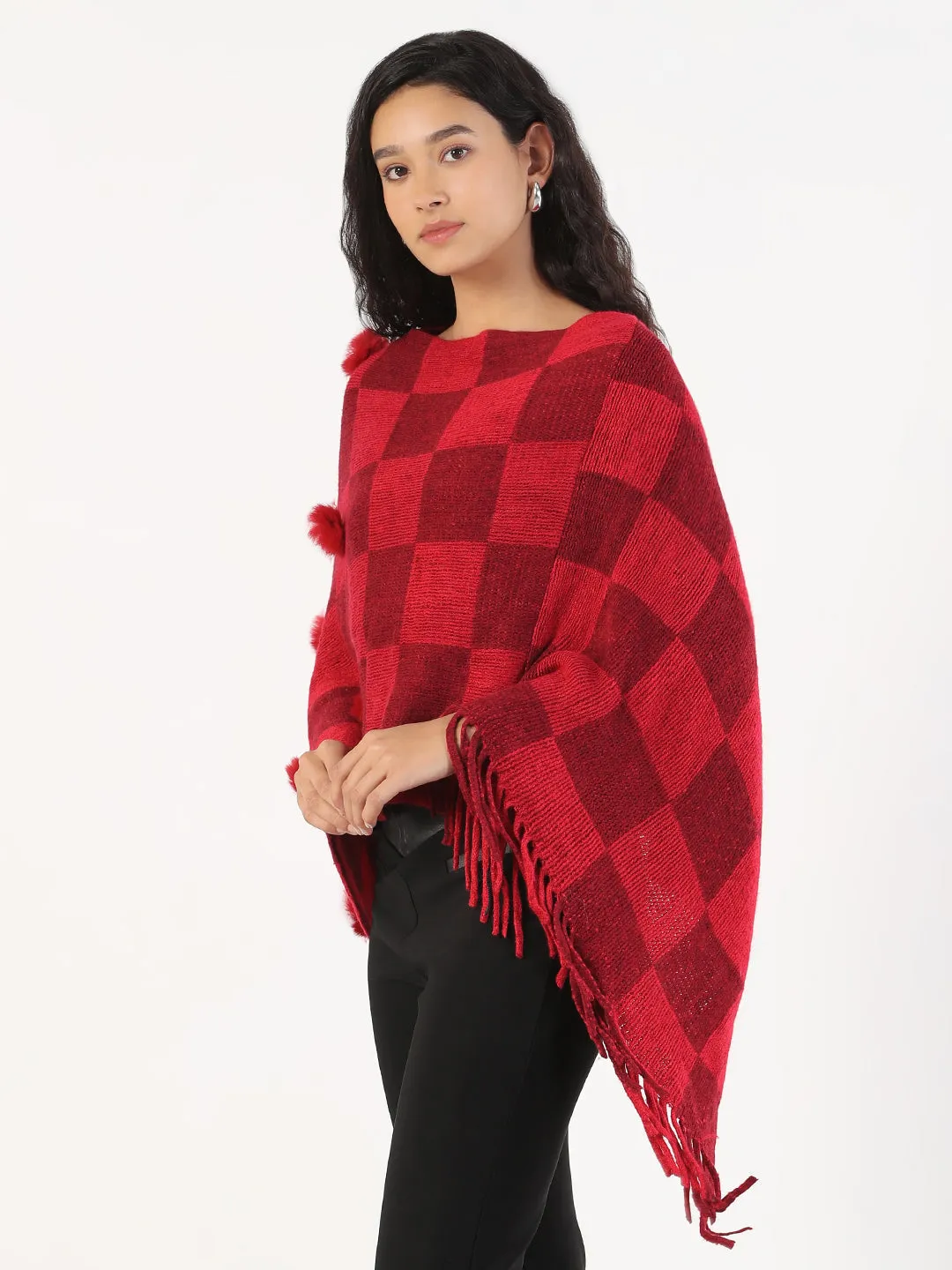 Women's Round Neck Checked Red Poncho Urban Trendy