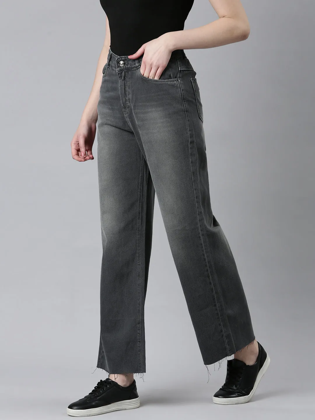 Spring Mood Brunch Outfit Formal Women's Grey Jean Wide Leg Heavy Fade Denim Jeans