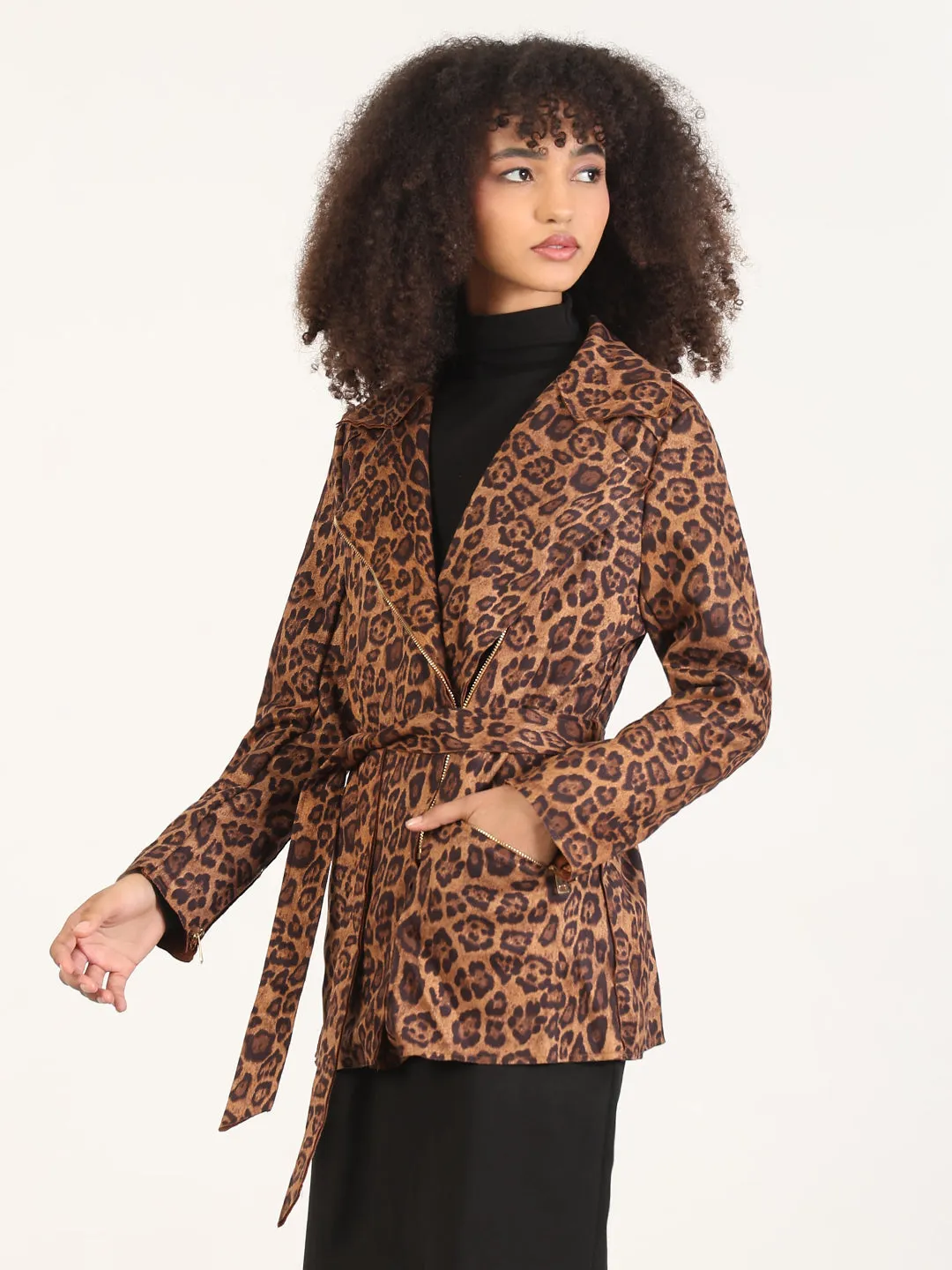 Women's Animal Print Brown Lapel Collar Trench Coat with Fabric Belt And Zipped Cuff Moisture Wicking Inner Layer Anti Pilling Fabric