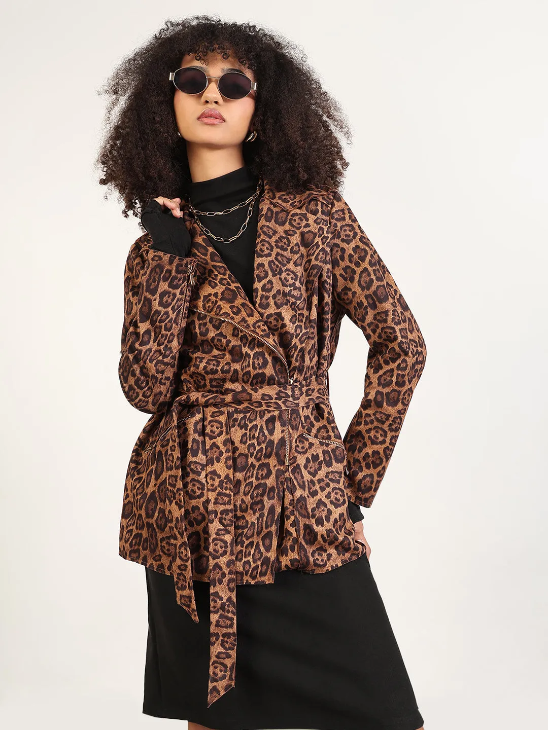 Women's Animal Print Brown Lapel Collar Trench Coat with Fabric Belt And Zipped Cuff Convertible 2 In 1 Function Holiday Trip