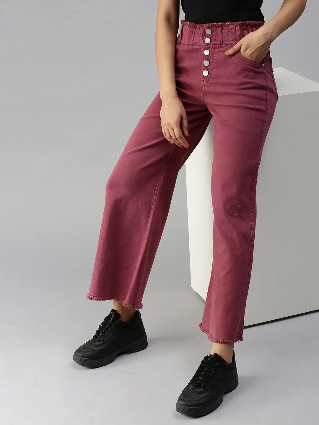 No Fuss Fit Perfectly Fitted Women's Mauve Wide Leg High-Rise Stretchable Coloured Jeans