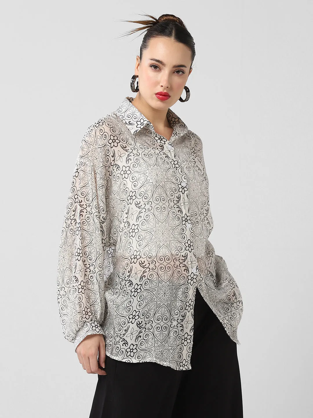 Women's Grey Comfort Semi Sheer Printed Casual Shirt oversized but not shapeless Quick Fit Performance