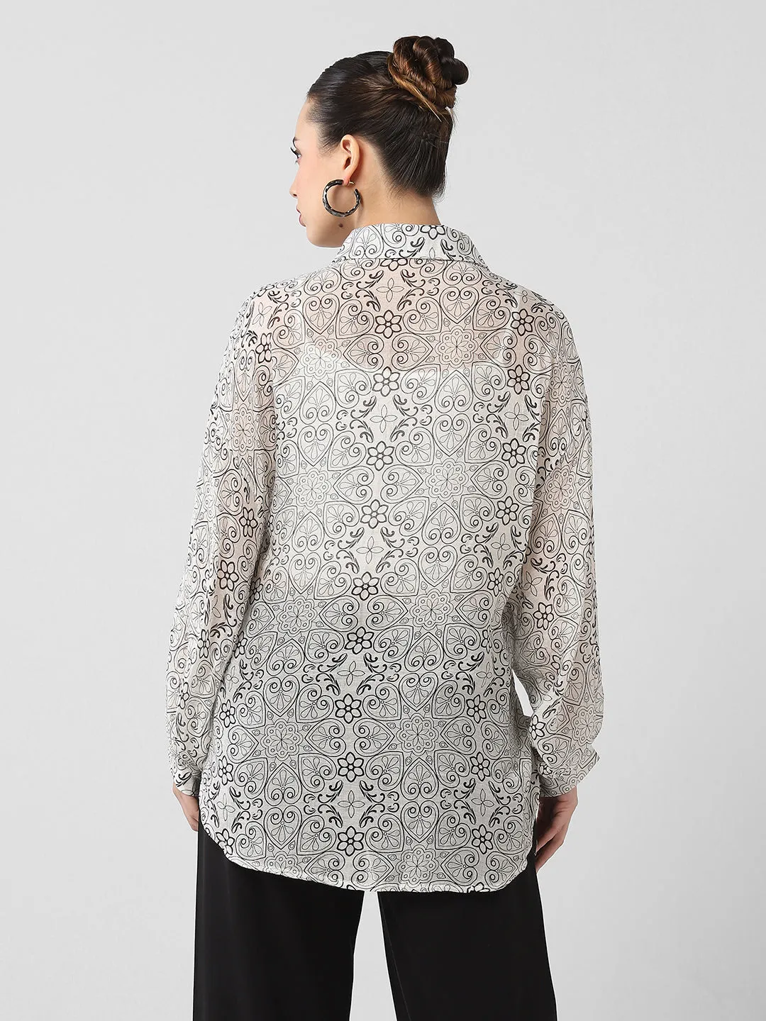 Skin Friendly Lining Women's Grey Comfort Semi Sheer Printed Casual Shirt