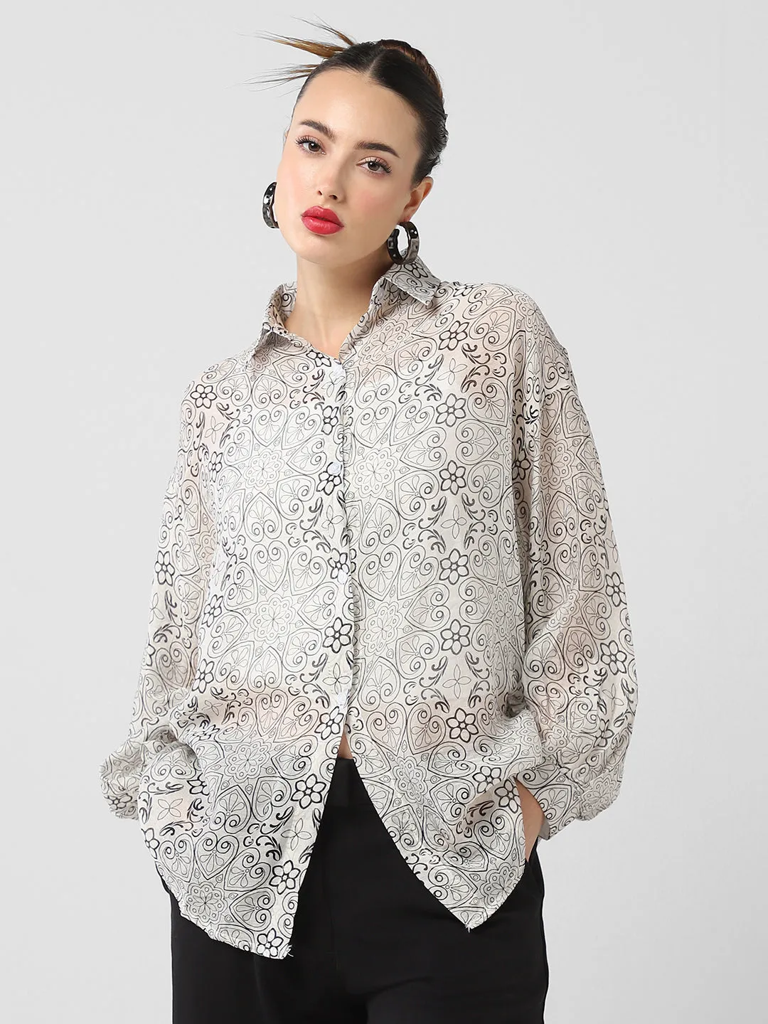 Garment Dyed Technique Women's Grey Comfort Semi Sheer Printed Casual Shirt