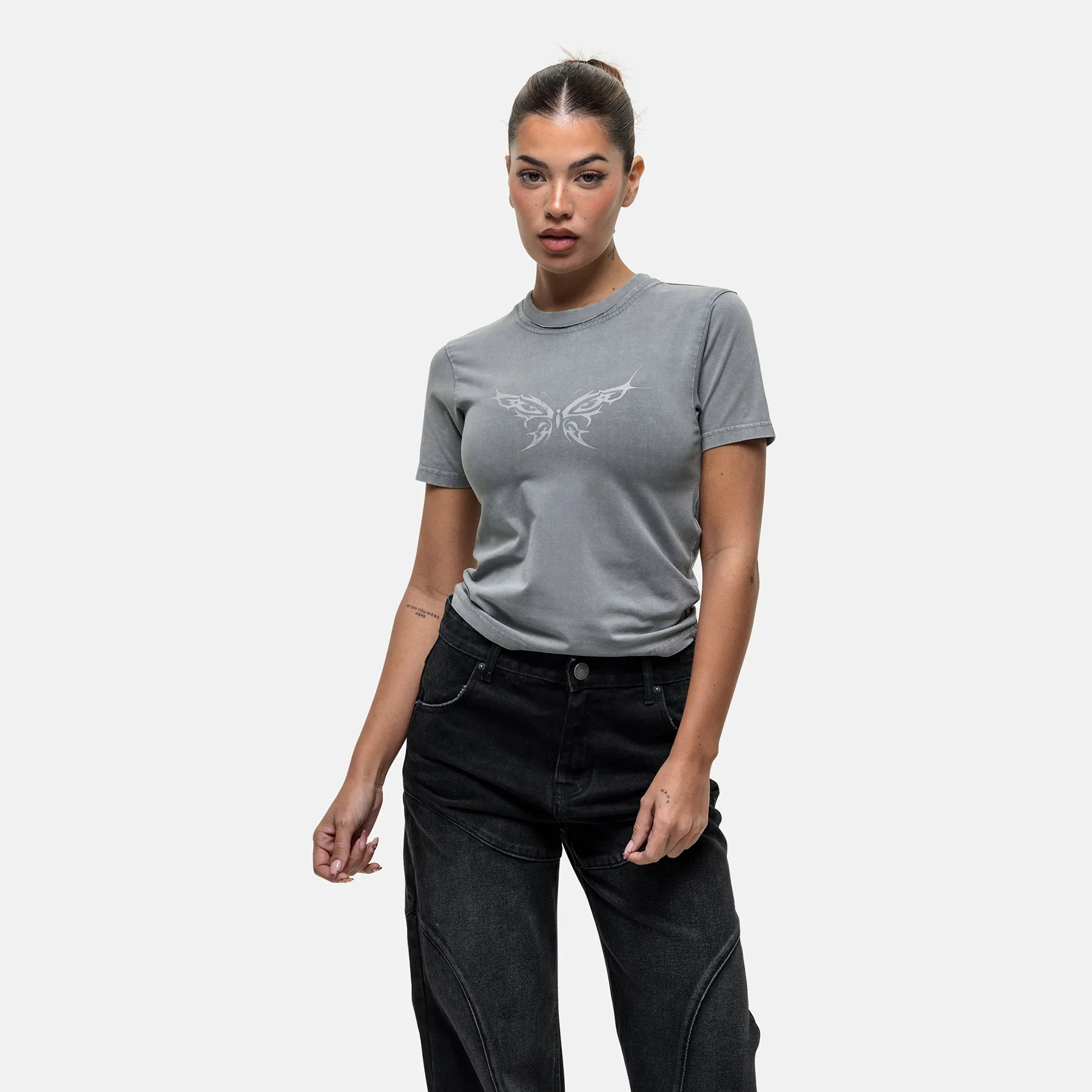 Urban Trend Look Breathable Comfort Vintage Tattoo Grey T-shirt