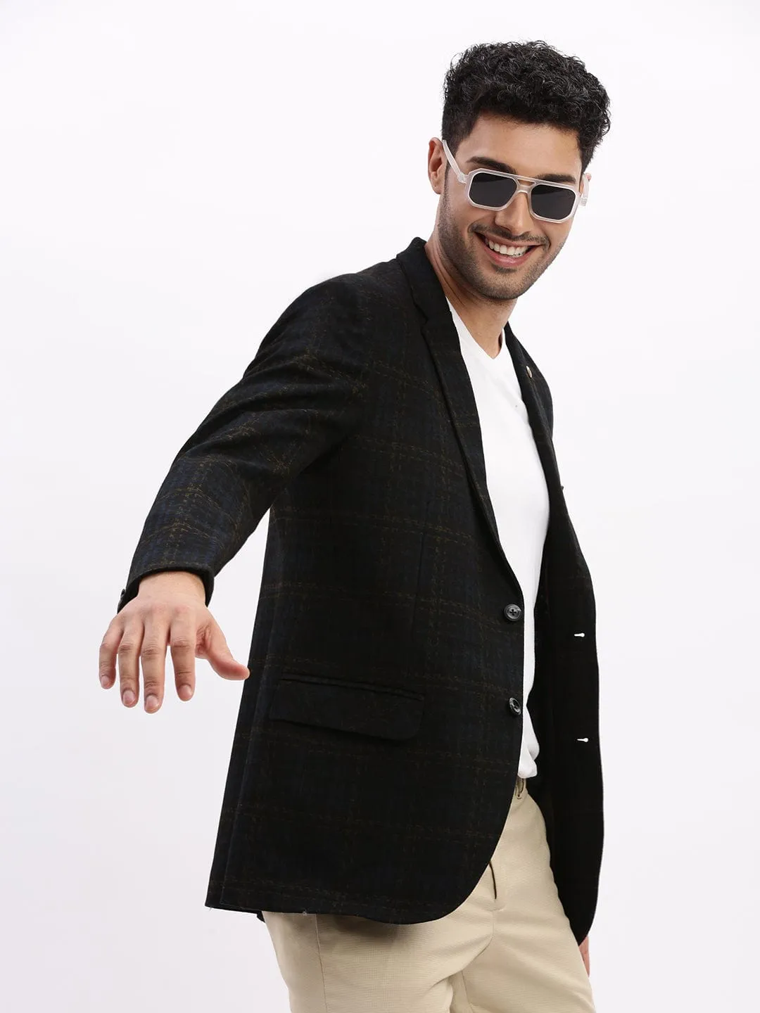 Men's Printed Navy Blue Single Breasted Blazer Tailored Cut