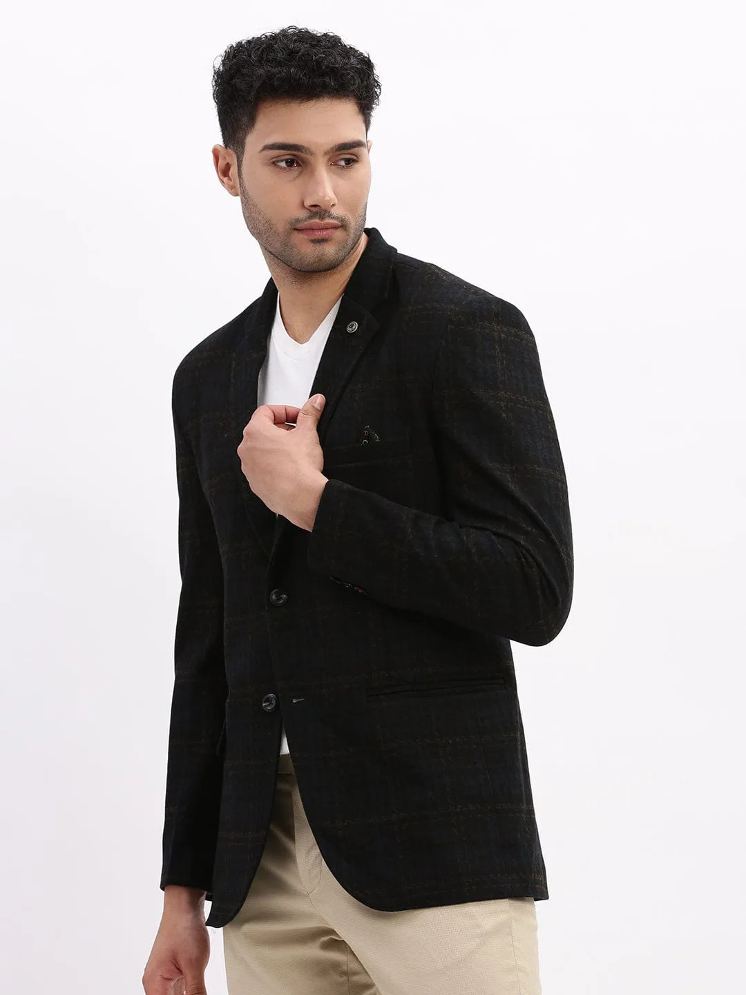 Reinforced Elbow Padding Men's Printed Navy Blue Single Breasted Blazer