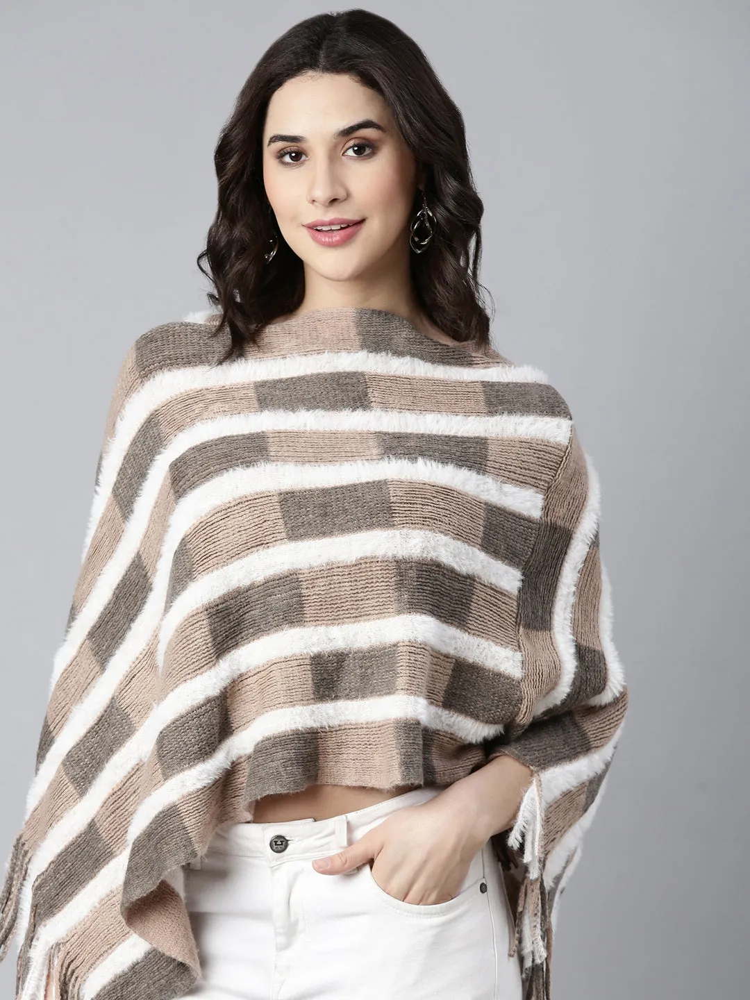 Women's Geometric Beige Poncho Minimal Comfort Work Friendly