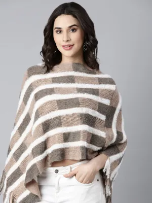 Women's Geometric Beige Poncho Minimal Comfort Work Friendly
