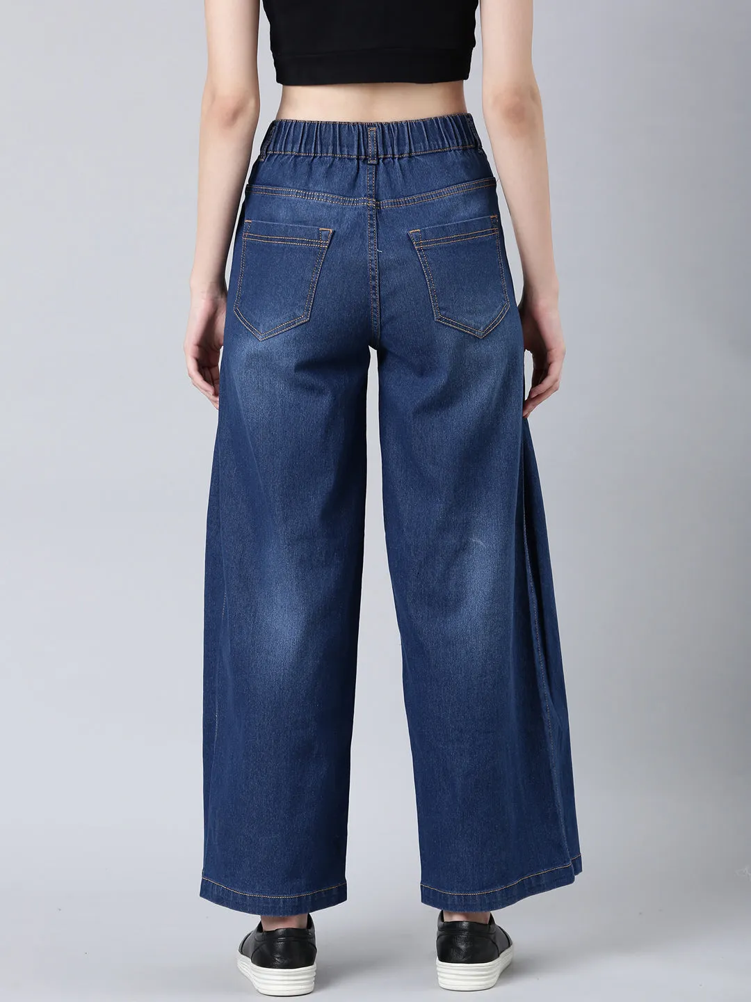 Friction Free Inner Lining Women's Navy Blue Wide Leg Light Fade Denim Jeans