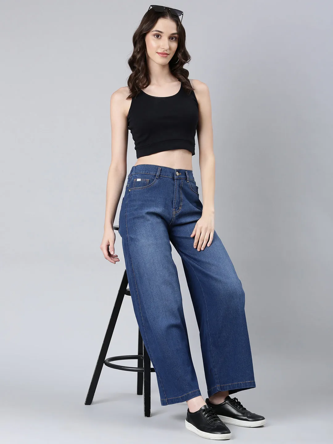 Women's Navy Blue Wide Leg Light Fade Denim Jeans Artist Vibe Everyday Rainy Day High-Quality Fabric