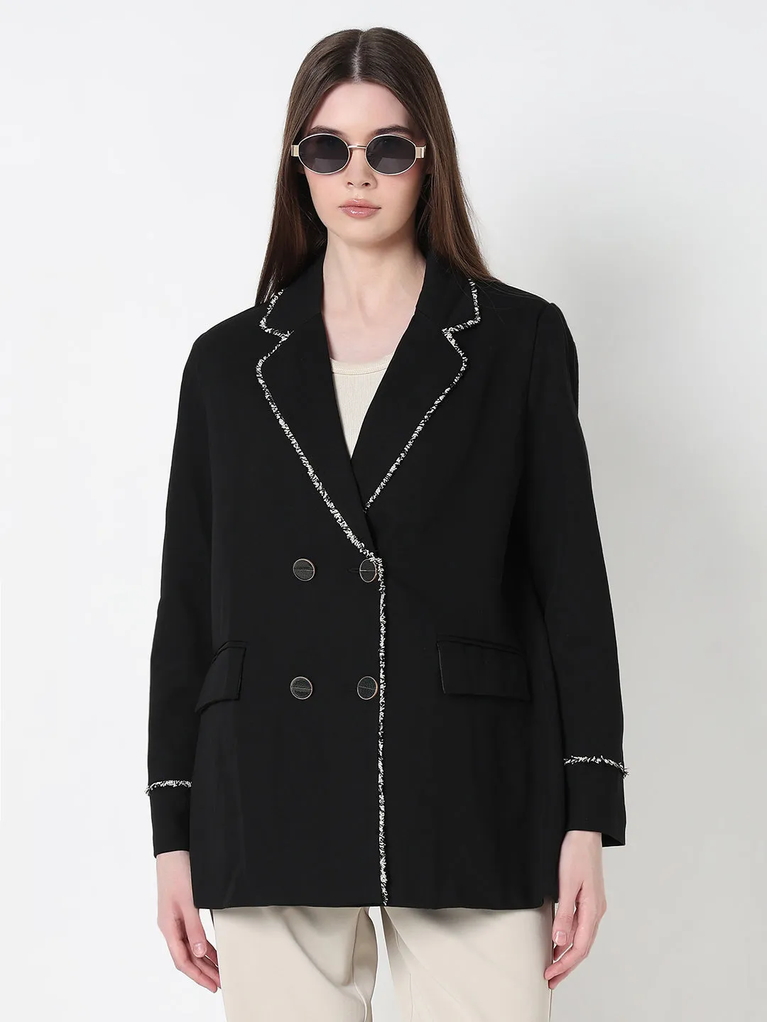 Hydrophobic Treatment Women's Black Double Breasted Blazer with Fringed trim