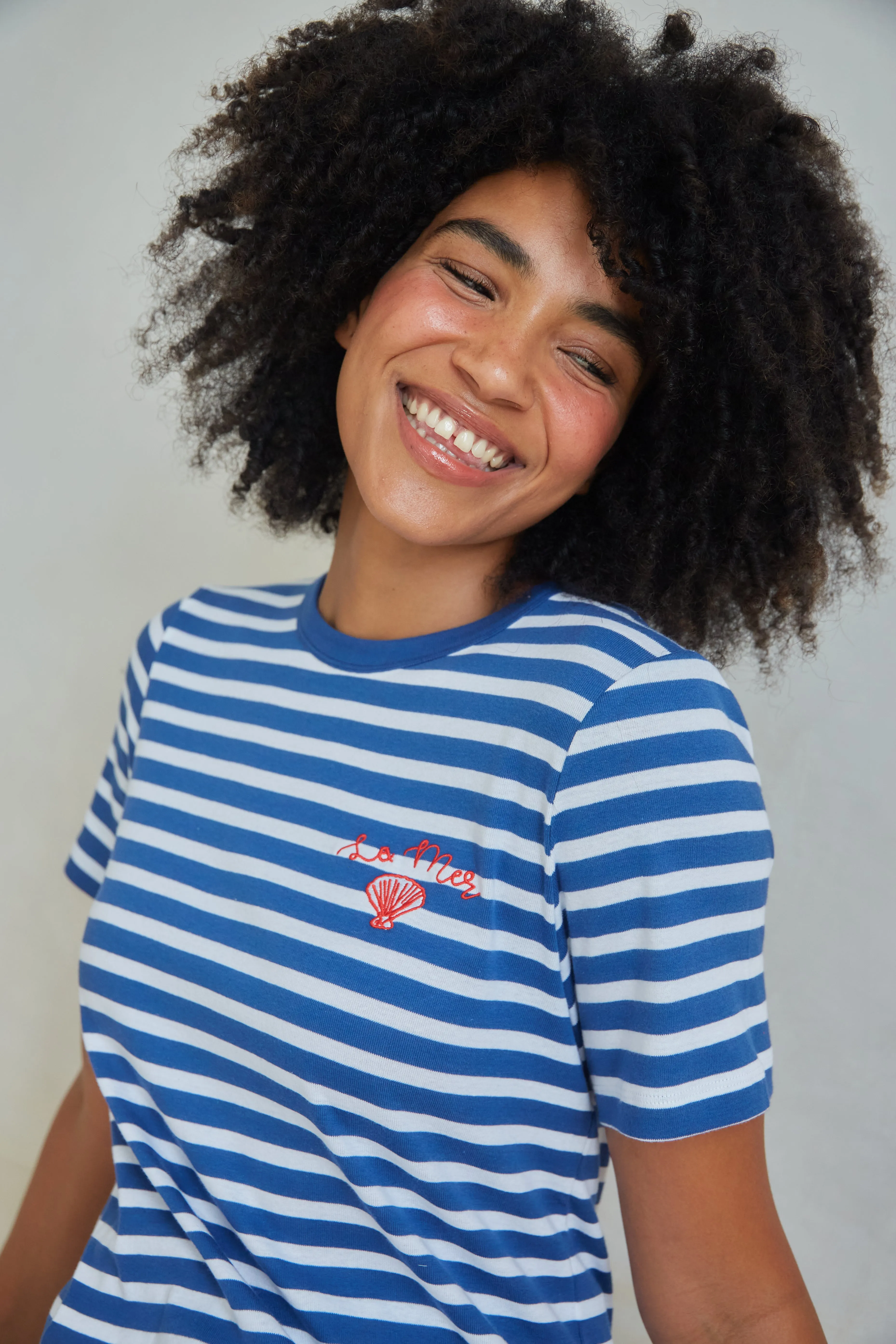 O&F La Mer Embroidered Short Sleeve Breton Tee High-Quality Fabric Bold Look