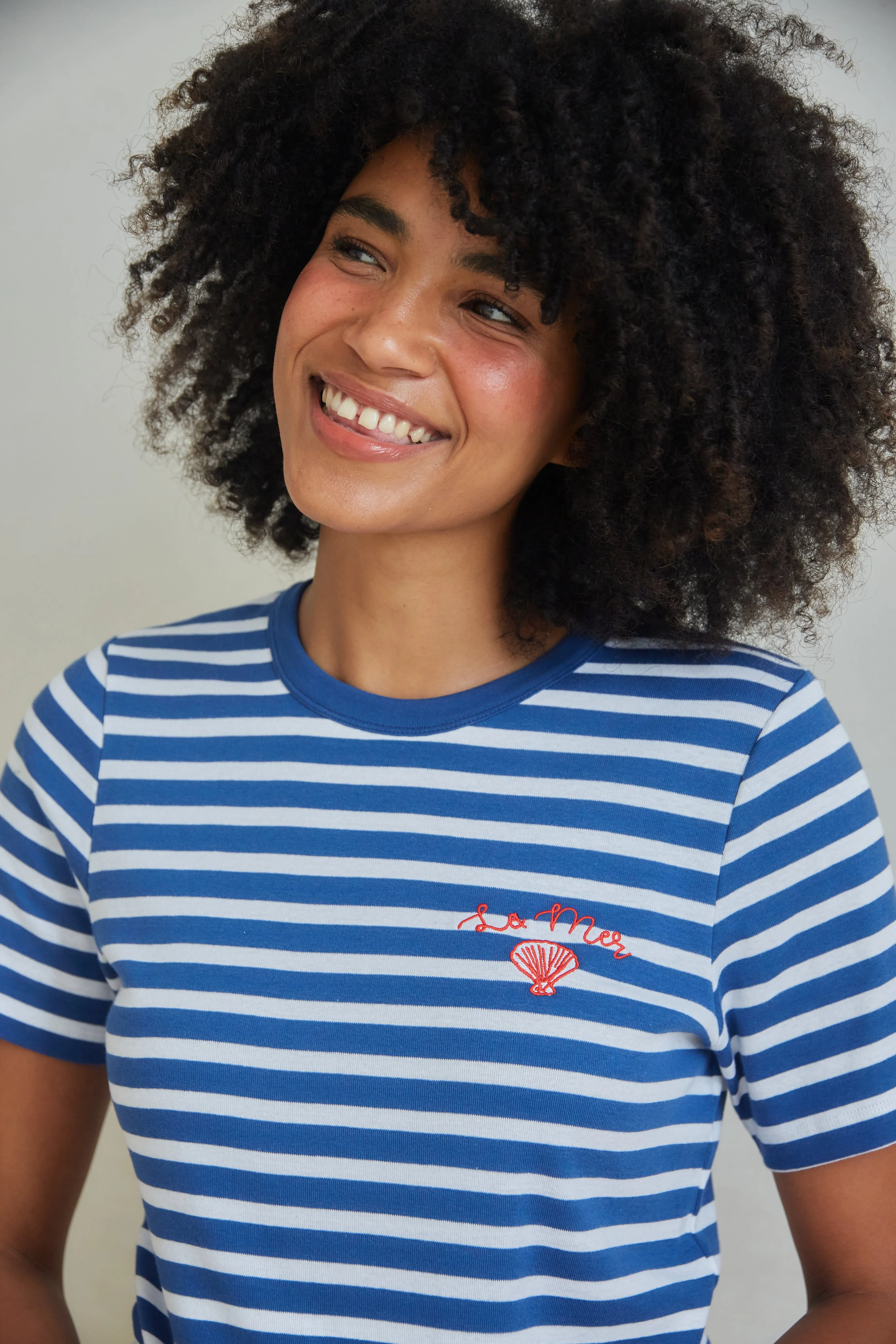 O&F La Mer Embroidered Short Sleeve Breton Tee Comfy Flex Fit For Movement