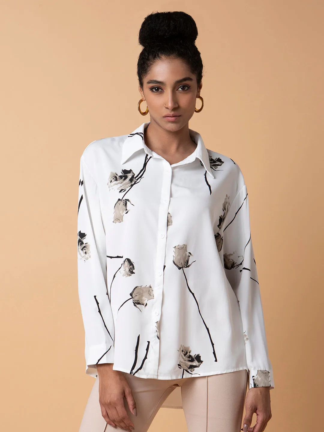 Women's White Relaxed Drop Shoulder Printed Casual Shirt MicroPiqueKnit