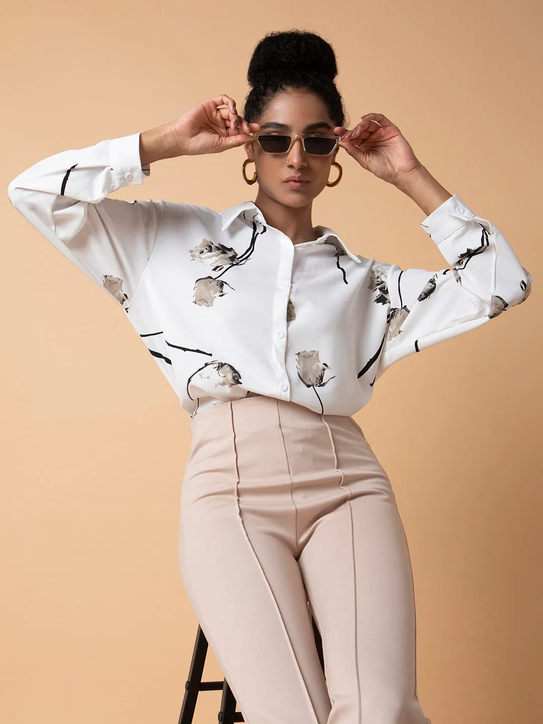 Soft Texture Cross Grain Knit Women's White Relaxed Drop Shoulder Printed Casual Shirt