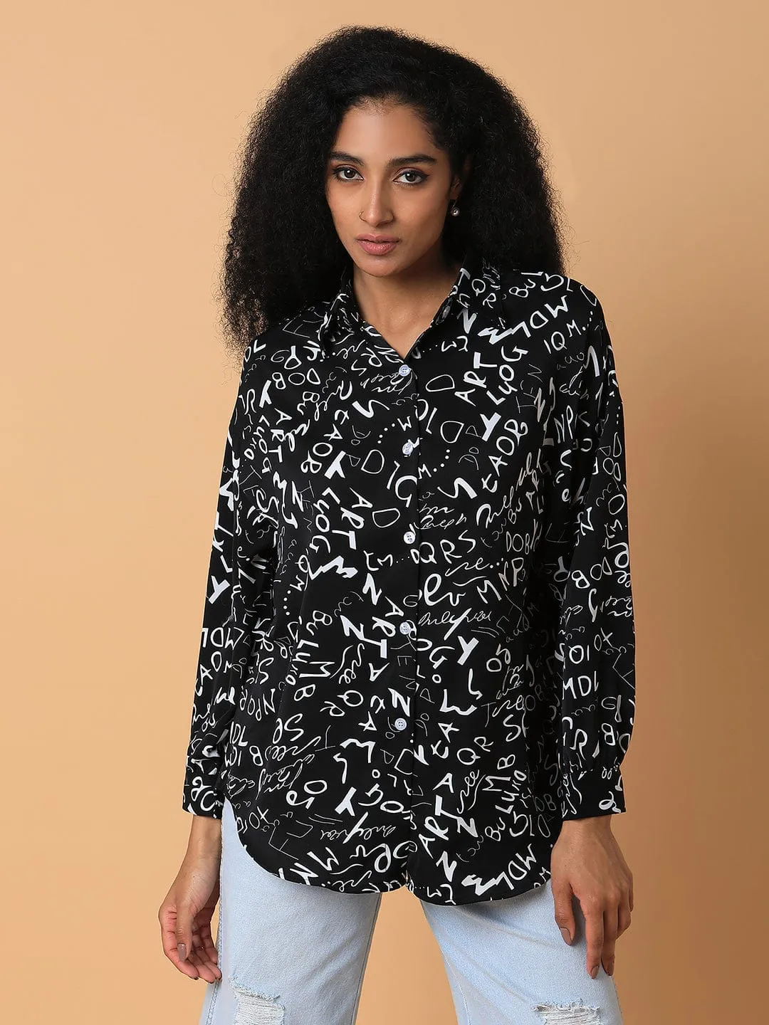 Women's Black Relaxed Boxy Floral Opaque Printed Casual Shirt Trendy Look Bohemian freedom