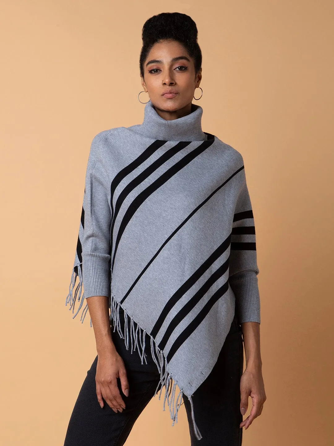 Flatlock stitching Wearable Basic Women's Striped Grey Longline Poncho