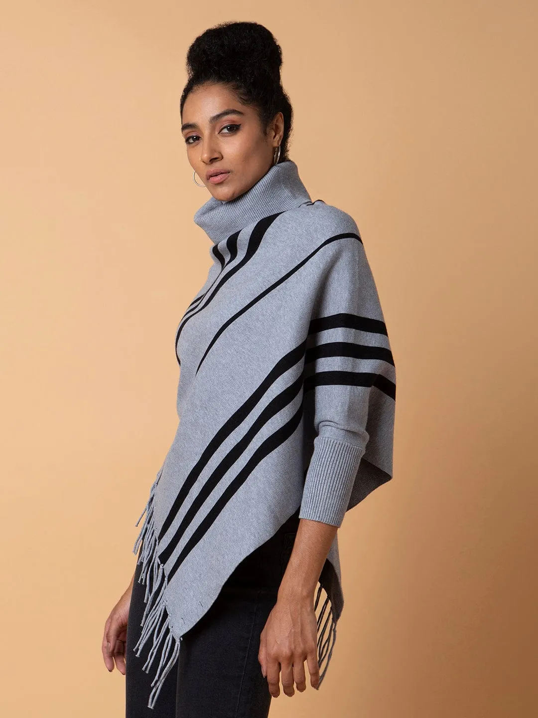 Women's Striped Grey Longline Poncho FadeResistant Treatment Ventilated Armhole Design